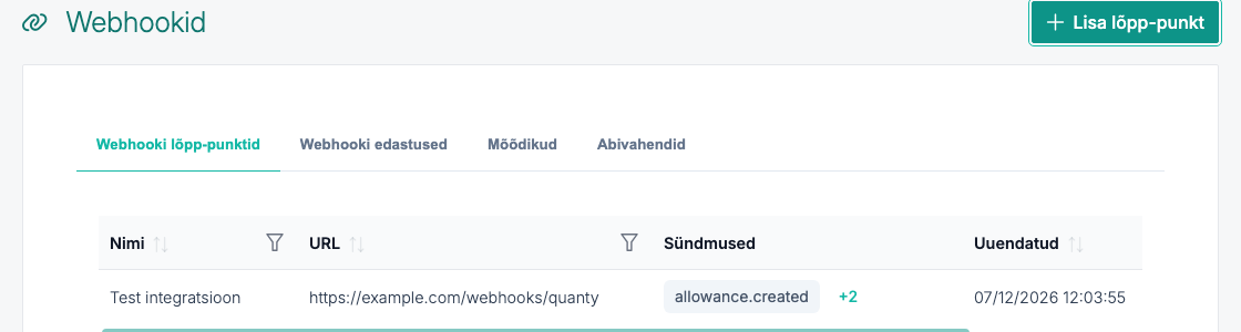 Quanty eelvaade API ja webhookide kaudu tehtavate integratsioonide jaoks